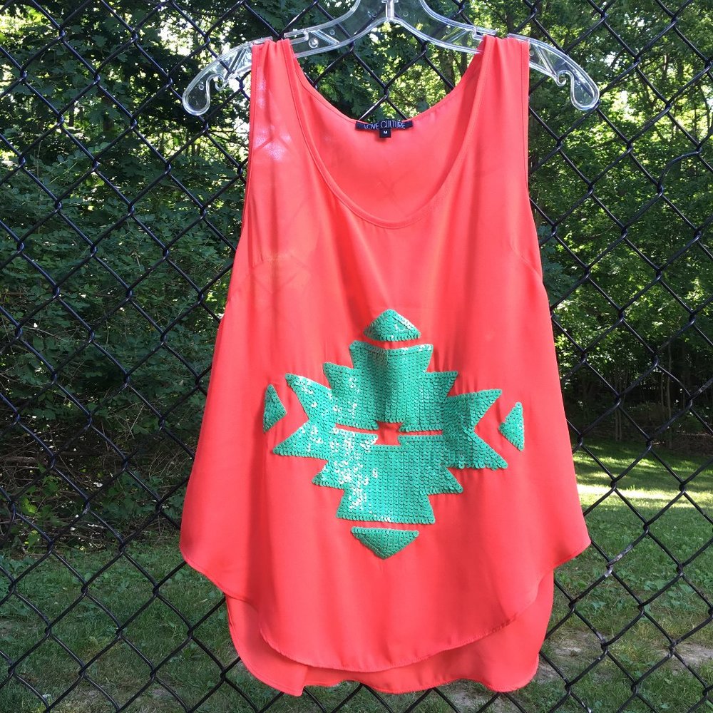 Love Culture Sequinned Sheer Aztec Tank